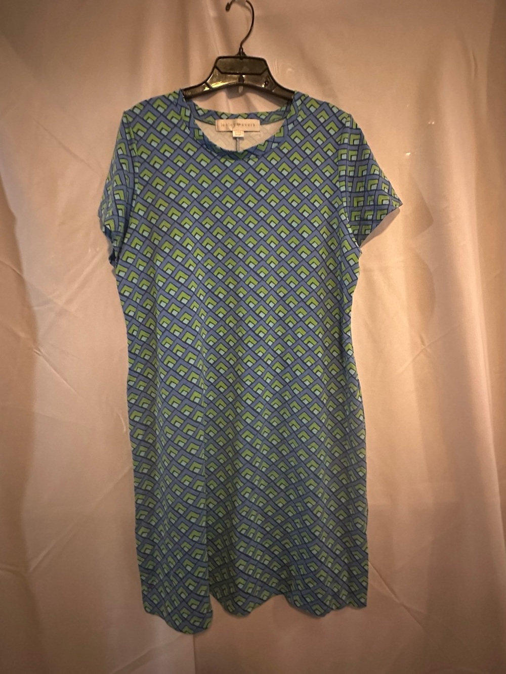 Lesley Evers Blue & Green Patterned Short-Sleeve Shift Dress